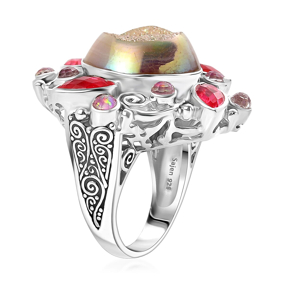 Sajen Silver Pink Pearl Dyed Window Drusy Quartz, Multi Gemstone Ring in Rhodium Over Sterling Silver 15.80 ctw (Size 8.0) image number 3