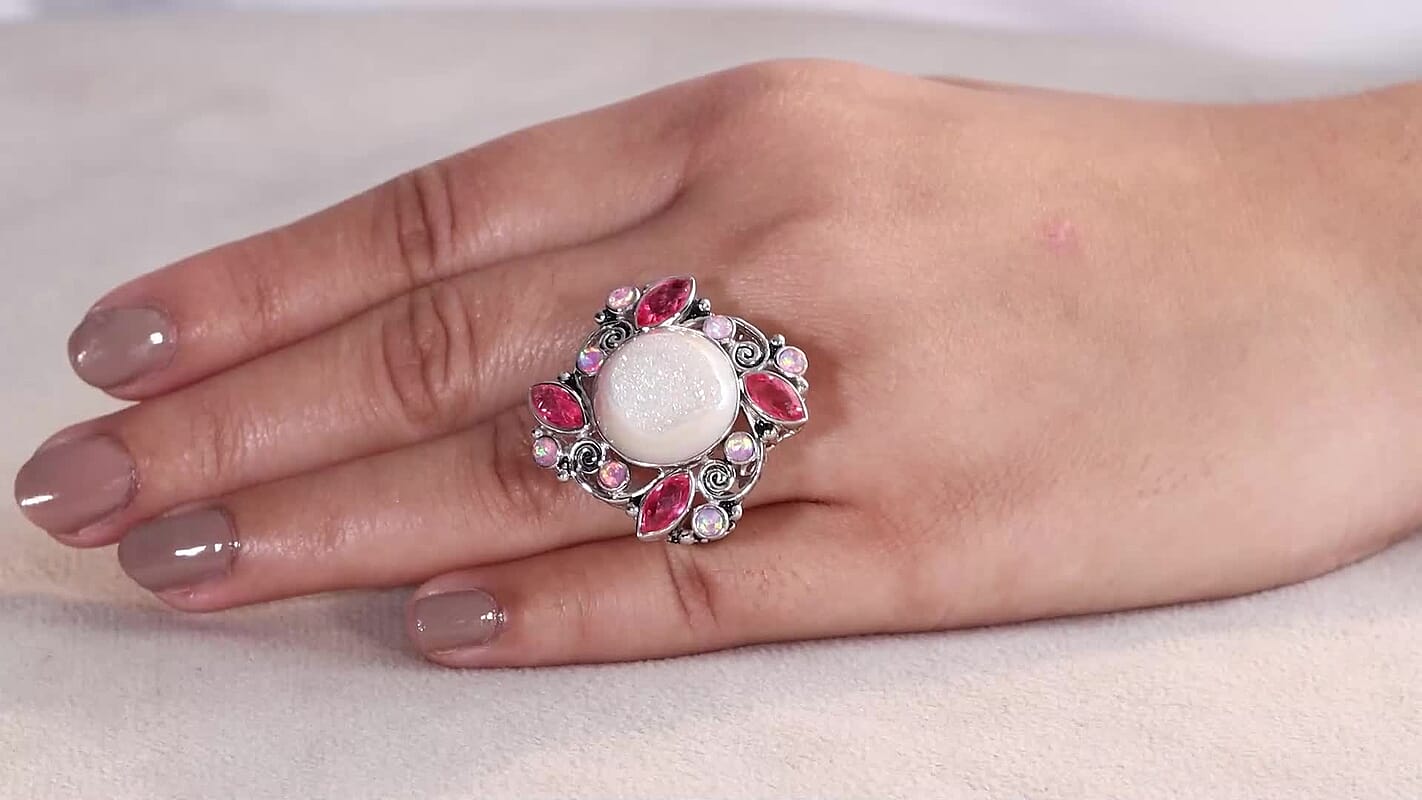 Sajen Silver Pink Pearl Dyed Window Drusy Quartz, Multi Gemstone Ring in Rhodium Over Sterling Silver (Size 10.0) 15.80 ctw
