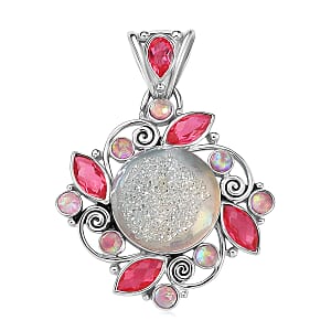 Sajen Silver Pink Pearl Dyed Window Drusy Quartz, Multi Gemstone Pendant without Chain in Rhodium Over Sterling Silver 16.40 ctw
