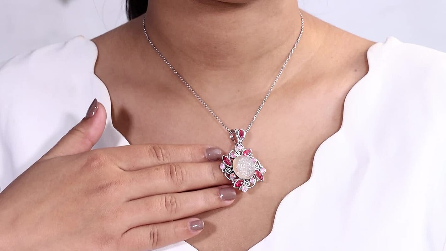 Sajen Silver Pink Pearl Dyed Window Drusy Quartz, Multi Gemstone Pendant without Chain in Rhodium Over Sterling Silver 16.40 ctw