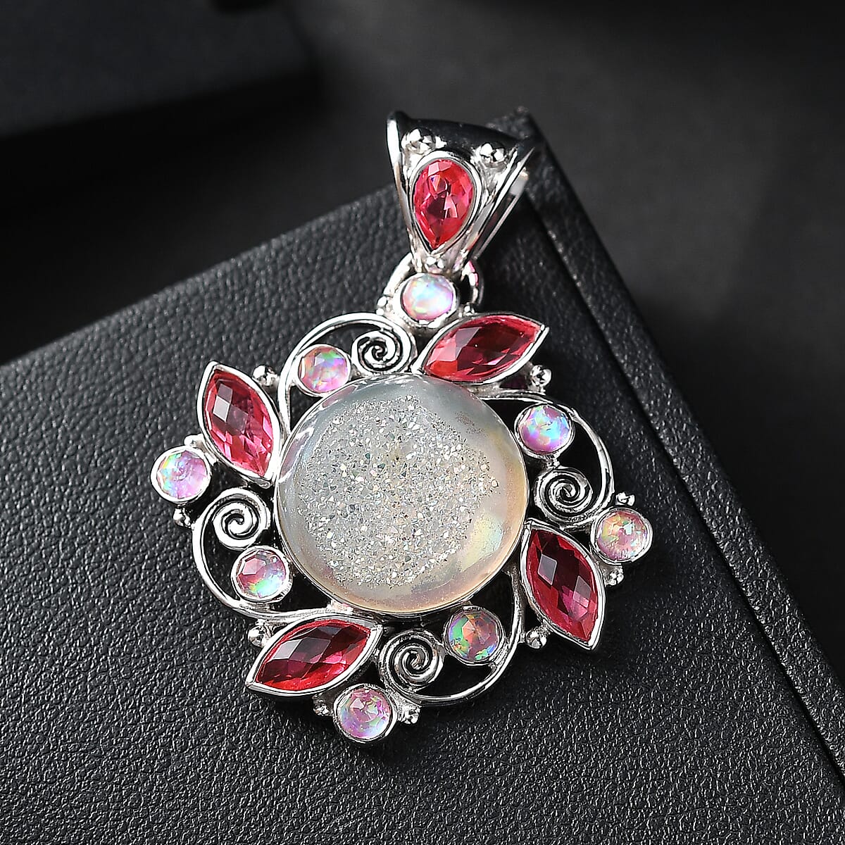 Sajen Silver Pink Pearl Dyed Window Drusy Quartz, Multi Gemstone Pendant without Chain in Rhodium Over Sterling Silver 16.40 ctw image number 1