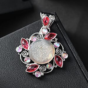 Sajen Silver Pink Pearl Dyed Window Drusy Quartz, Multi Gemstone Pendant without Chain in Rhodium Over Sterling Silver 16.40 ctw