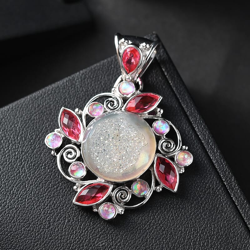 Sajen Silver Pink Pearl Dyed Window Drusy Quartz, Multi Gemstone Pendant without Chain in Rhodium Over Sterling Silver 16.40 ctw