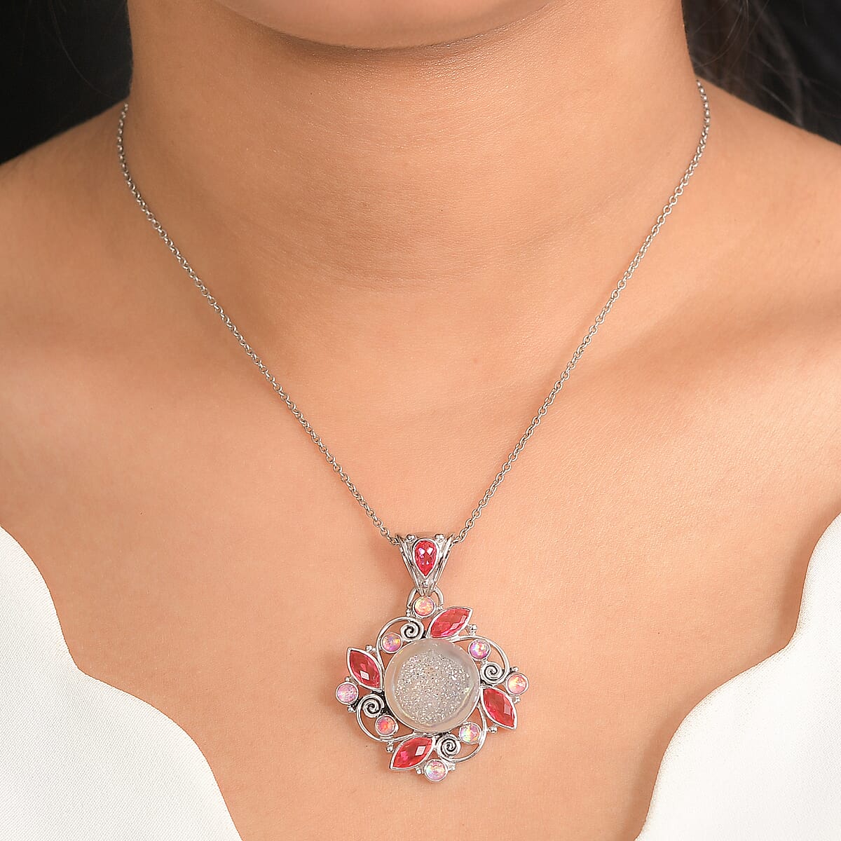 Sajen Silver Pink Pearl Dyed Window Drusy Quartz, Multi Gemstone Pendant without Chain in Rhodium Over Sterling Silver 16.40 ctw image number 2