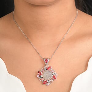 Sajen Silver Pink Pearl Dyed Window Drusy Quartz, Multi Gemstone Pendant without Chain in Rhodium Over Sterling Silver 16.40 ctw