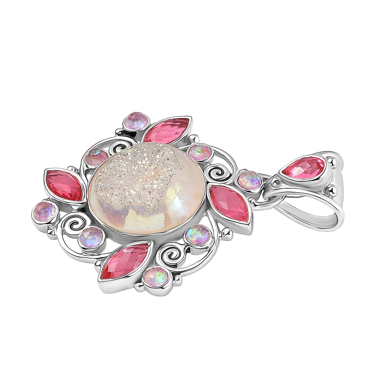 Sajen Silver Pink Pearl Dyed Window Drusy Quartz, Multi Gemstone Pendant without Chain in Rhodium Over Sterling Silver 16.40 ctw image number 3