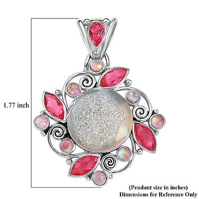 Sajen Silver Pink Pearl Dyed Window Drusy Quartz, Multi Gemstone Pendant without Chain in Rhodium Over Sterling Silver 16.40 ctw