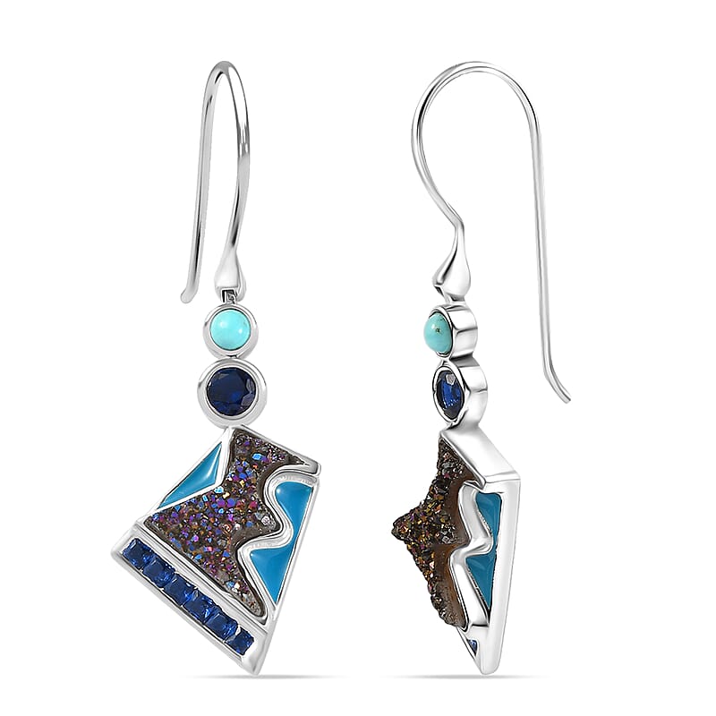 Sajen Silver Flat Blue Sapphire Drusy Quartz, Multi Gemstone Earrings in Rhodium Over Sterling Silver 5.00 ctw