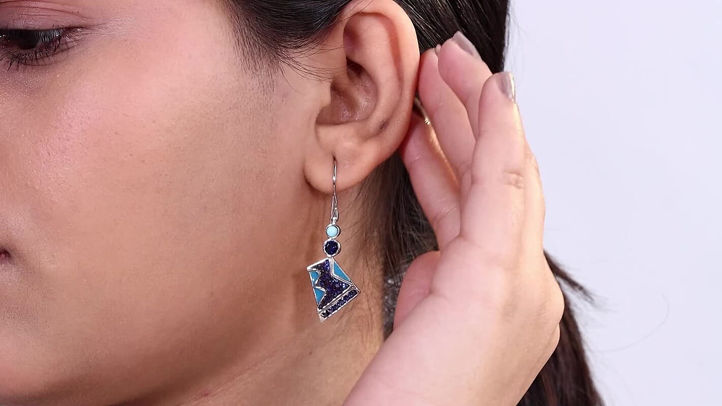 Sajen Silver Flat Blue Sapphire Drusy Quartz, Multi Gemstone Earrings in Rhodium Over Sterling Silver 5.00 ctw