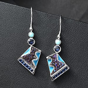 Sajen Silver Flat Blue Sapphire Drusy Quartz, Multi Gemstone Earrings in Rhodium Over Sterling Silver 5.00 ctw