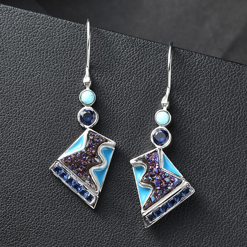 Sajen Silver Flat Blue Sapphire Drusy Quartz, Multi Gemstone Earrings in Rhodium Over Sterling Silver 5.00 ctw