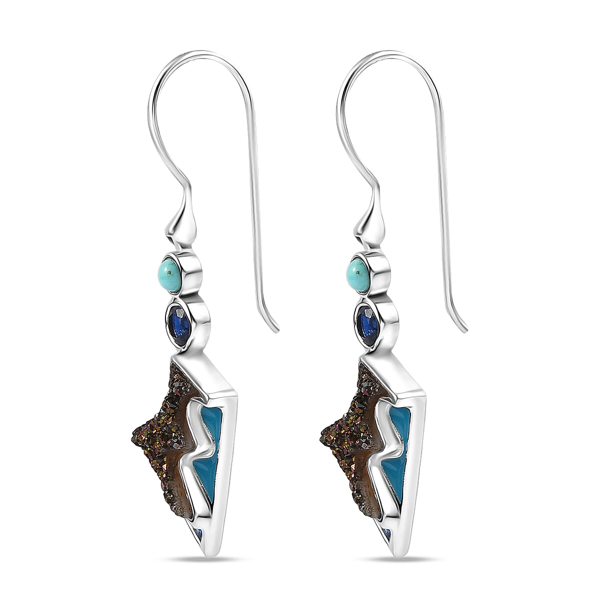 Sajen Silver Flat Blue Sapphire Drusy Quartz, Multi Gemstone Earrings in Rhodium Over Sterling Silver 5.00 ctw image number 3