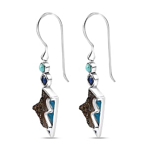 Sajen Silver Flat Blue Sapphire Drusy Quartz, Multi Gemstone Earrings in Rhodium Over Sterling Silver 5.00 ctw