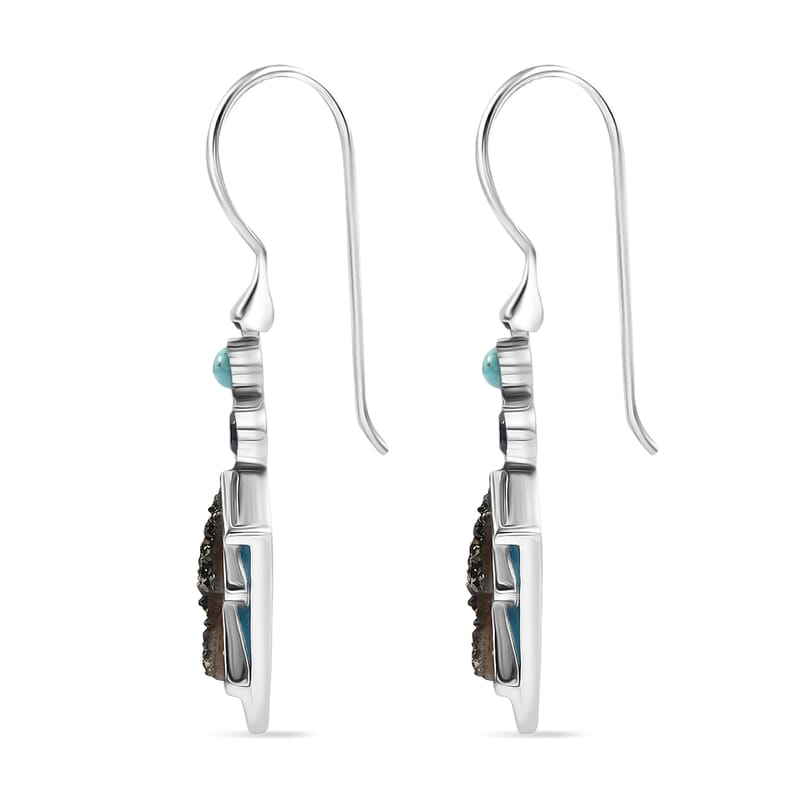 Sajen Silver Flat Blue Sapphire Drusy Quartz, Multi Gemstone Earrings in Rhodium Over Sterling Silver 5.00 ctw