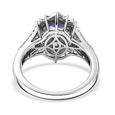 D'Joy Tanzanite and Multi Gemstone 1.70 ctw Starburst Halo Ring in Rhodium Over Sterling Silver (Size 10.0)