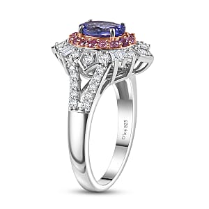 D'Joy Tanzanite and Multi Gemstone 1.70 ctw Starburst Halo Ring in Rhodium Over Sterling Silver (Size 5.0)