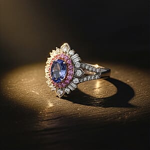 D'Joy Tanzanite and Multi Gemstone 1.70 ctw Starburst Halo Ring in Rhodium Over Sterling Silver (Size 7.0)