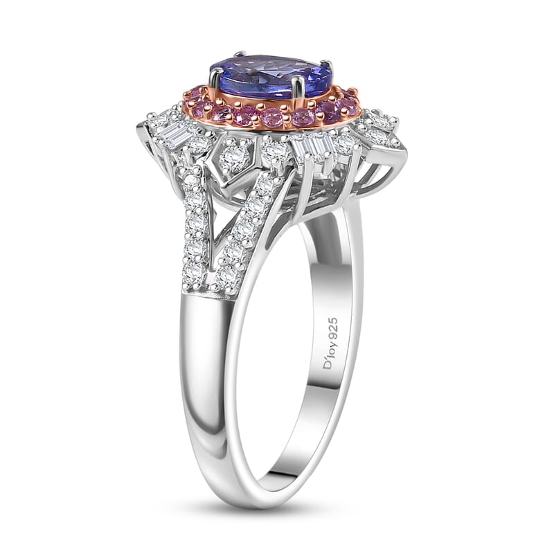 D'Joy Tanzanite and Multi Gemstone 1.70 ctw Starburst Halo Ring in Rhodium Over Sterling Silver (Size 7.0)
