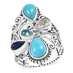 Sajen Silver Arizona Turquoise, Multi Gemstone Ring in Rhodium Over Sterling Silver 3.30 ctw (Size 10.0)