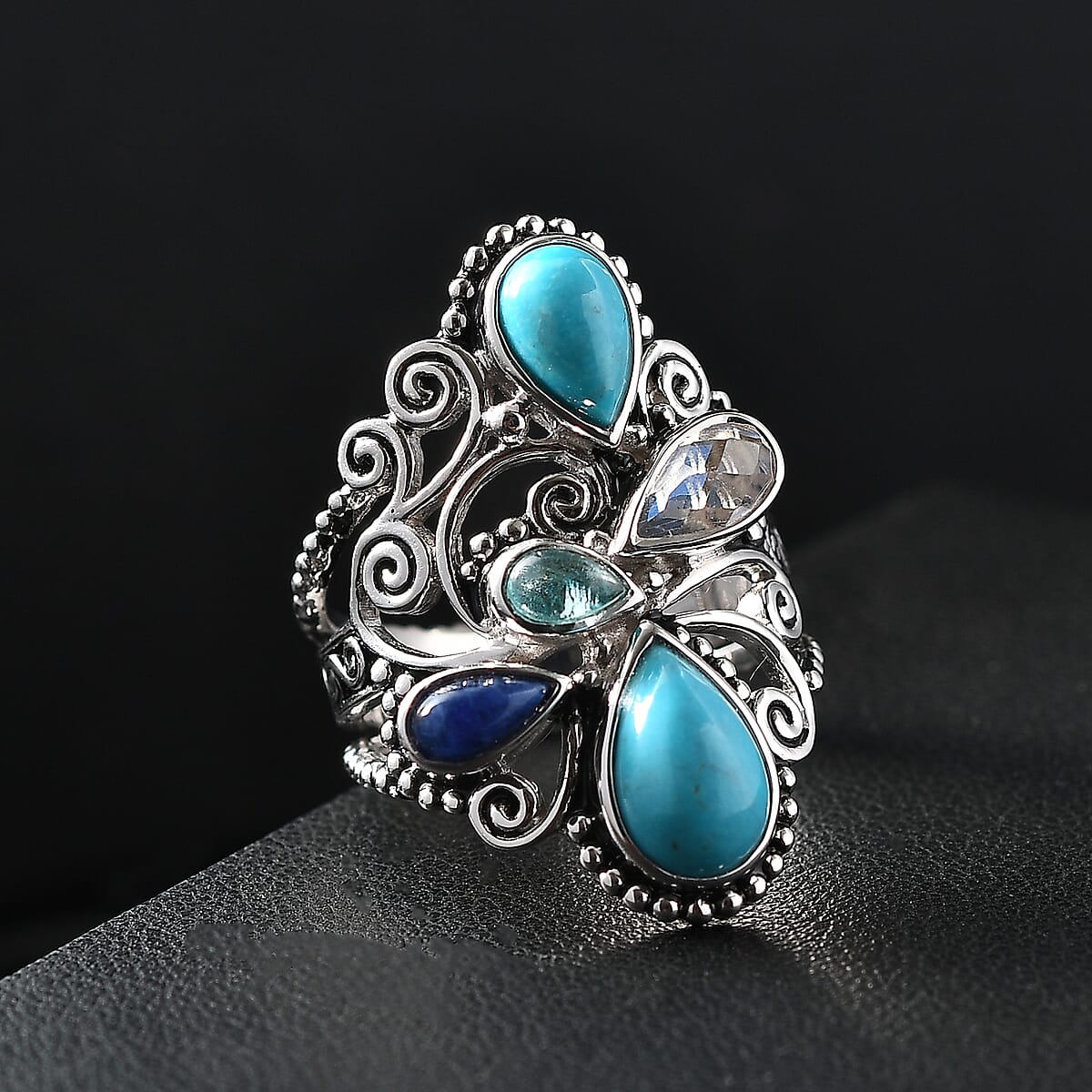 Sajen Silver Arizona Turquoise, Multi Gemstone Ring in Rhodium Over Sterling Silver (Size 10.0) 3.30 ctw image number 1