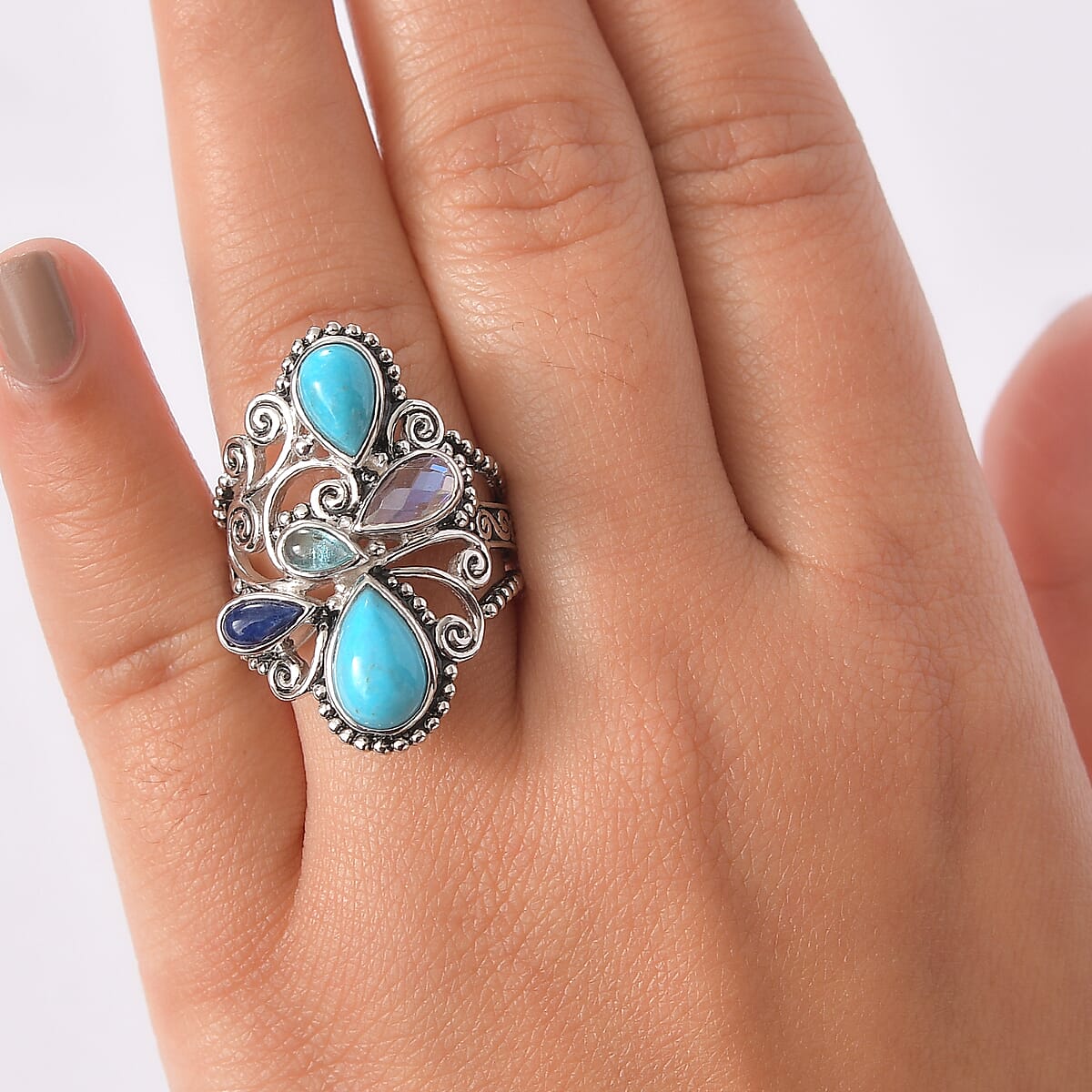 Sajen Silver Arizona Turquoise, Multi Gemstone Ring in Rhodium Over Sterling Silver (Size 10.0) 3.30 ctw image number 2