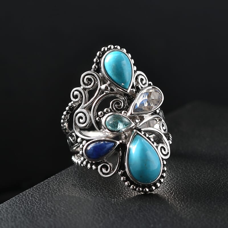 Sajen Silver Arizona Turquoise, Multi Gemstone Ring in Rhodium Over Sterling Silver 3.30 ctw (Size 7.0)