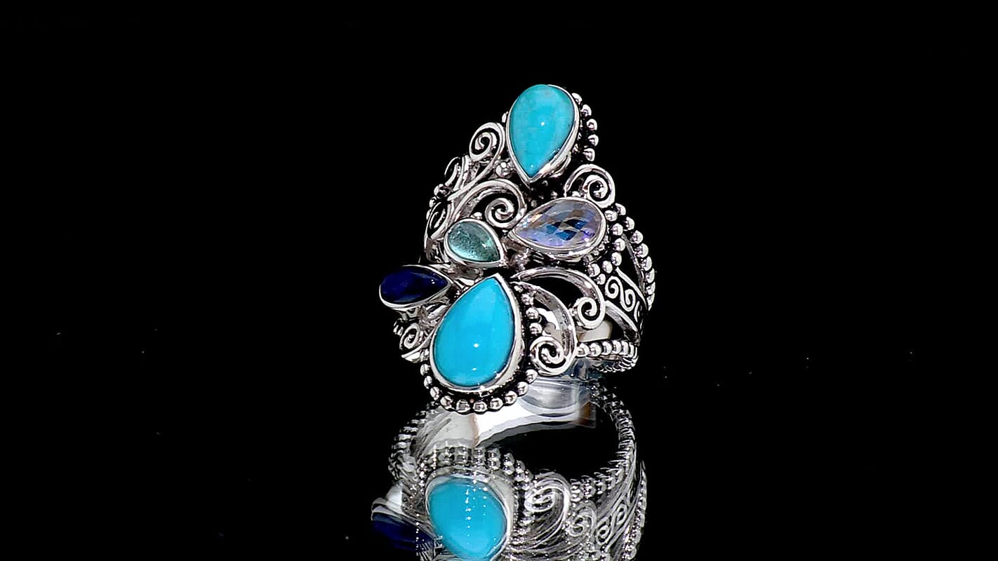 Sajen Silver Arizona Turquoise, Multi Gemstone Ring in Rhodium Over Sterling Silver (Size 10.0) 3.30 ctw