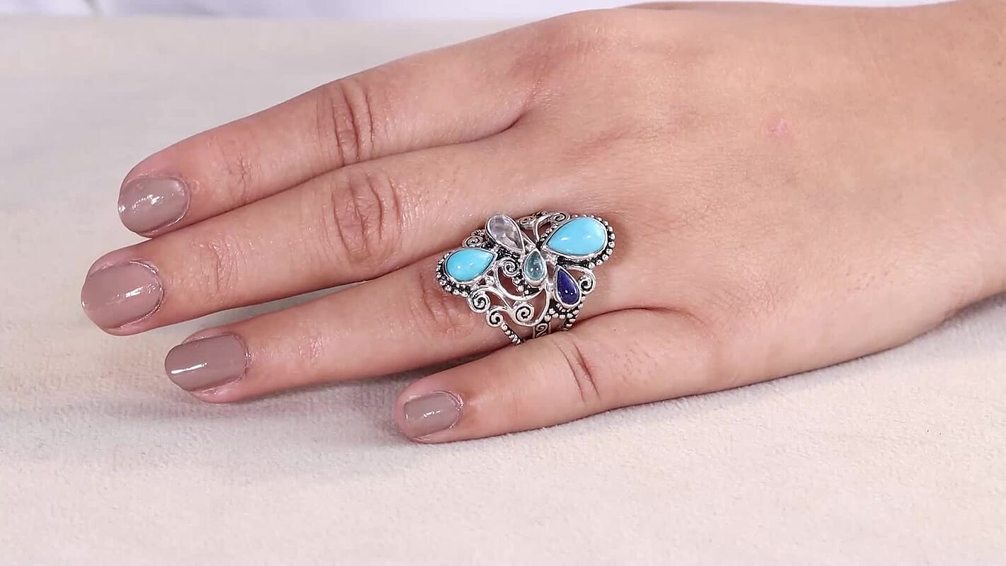 Sajen Silver Arizona Turquoise, Multi Gemstone Ring in Rhodium Over Sterling Silver (Size 10.0) 3.30 ctw