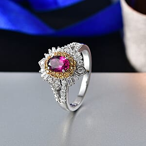 D'Joy Radiant Ember Garnet and Multi Gemstone 1.85 ctw Starburst Halo Ring in Rhodium Over Sterling Silver (Size 7.0)