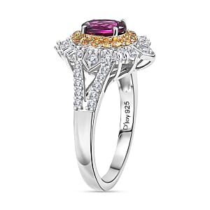 D'Joy Radiant Ember Garnet and Multi Gemstone 1.85 ctw Starburst Halo Ring in Rhodium Over Sterling Silver (Size 7.0)
