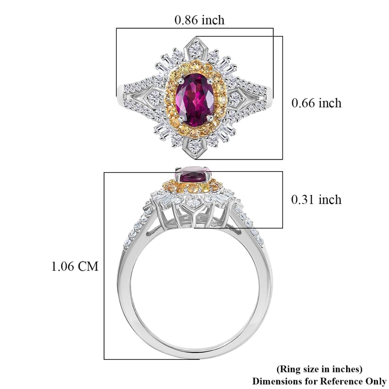 D'Joy Radiant Ember Garnet and Multi Gemstone 1.85 ctw Starburst Halo Ring in Rhodium Over Sterling Silver (Size 7.0)