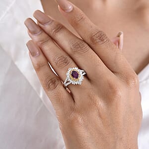 D'Joy Radiant Ember Garnet and Multi Gemstone 1.85 ctw Starburst Halo Ring in Rhodium Over Sterling Silver (Size 8.0)