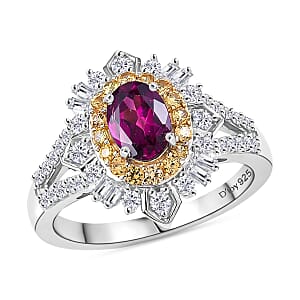 D'Joy Radiant Ember Garnet and Multi Gemstone 1.85 ctw Starburst Halo Ring in Rhodium Over Sterling Silver (Size 9.0)