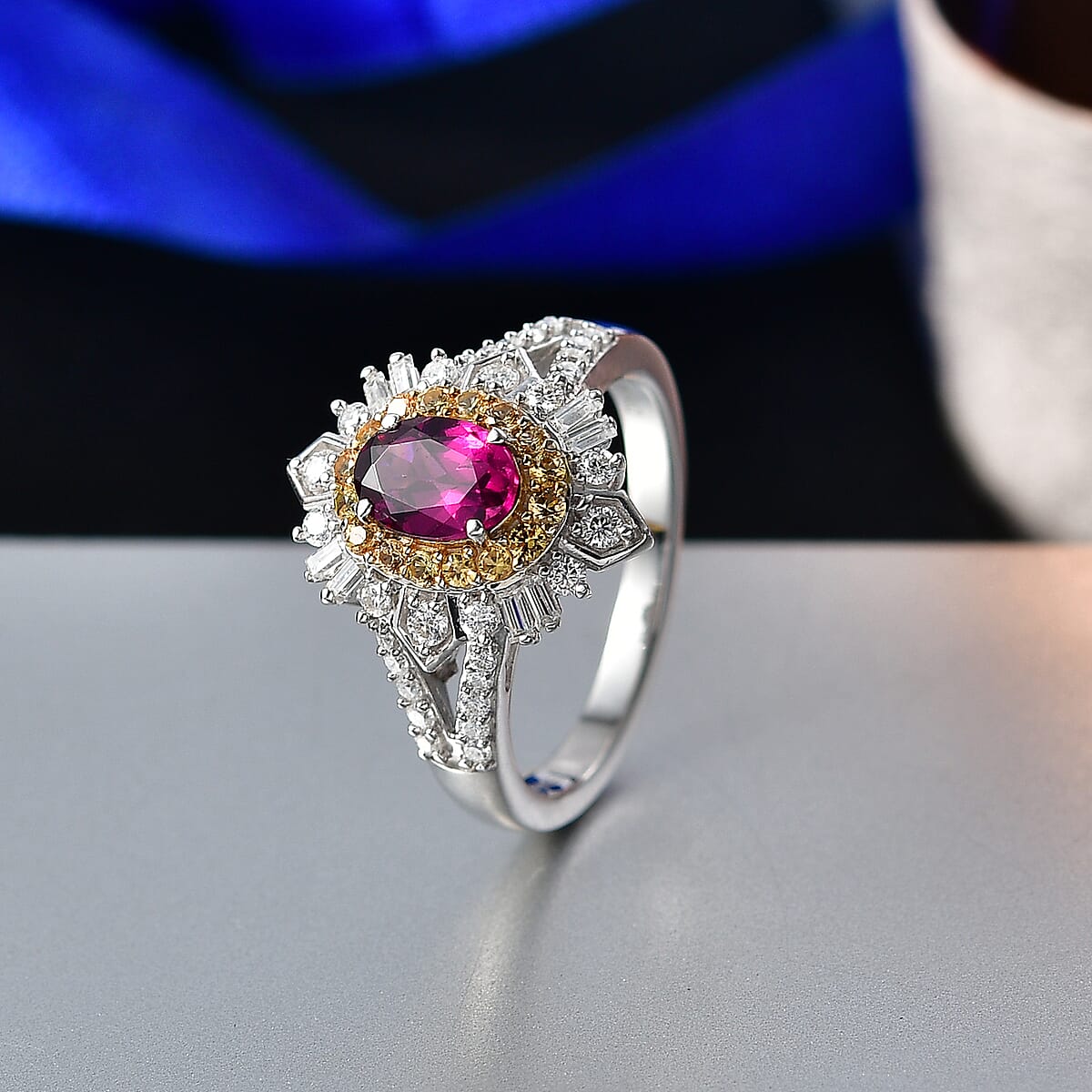 D'Joy Radiant Ember Garnet and Multi Gemstone 1.85 ctw Starburst Halo Ring in Rhodium Over Sterling Silver (Size 9.0) image number 1
