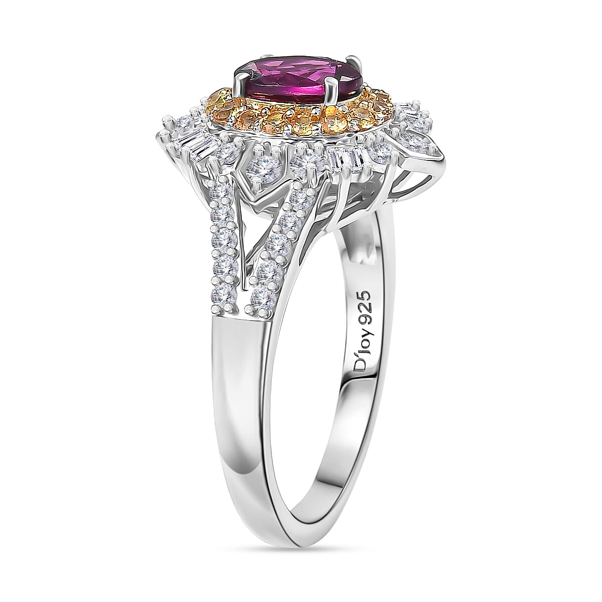 D'Joy Radiant Ember Garnet and Multi Gemstone 1.85 ctw Starburst Halo Ring in Rhodium Over Sterling Silver (Size 9.0) image number 3