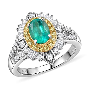 D'Joy Kagem Zambian Emerald and Multi Gemstone 1.70 ctw Starburst Halo Ring in Rhodium Over Sterling Silver (Size 7.0)