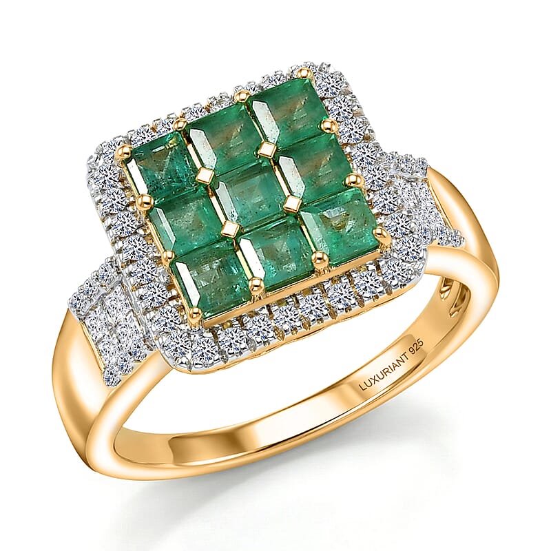 Premium Kagem Zambian Emerald and Luxuriant Lab Grown Diamond G-H SI 1.85 ctw Grid Mosaic Ring in 18K Vermeil Yellow Gold Over Sterling Silver (Size 5.0)