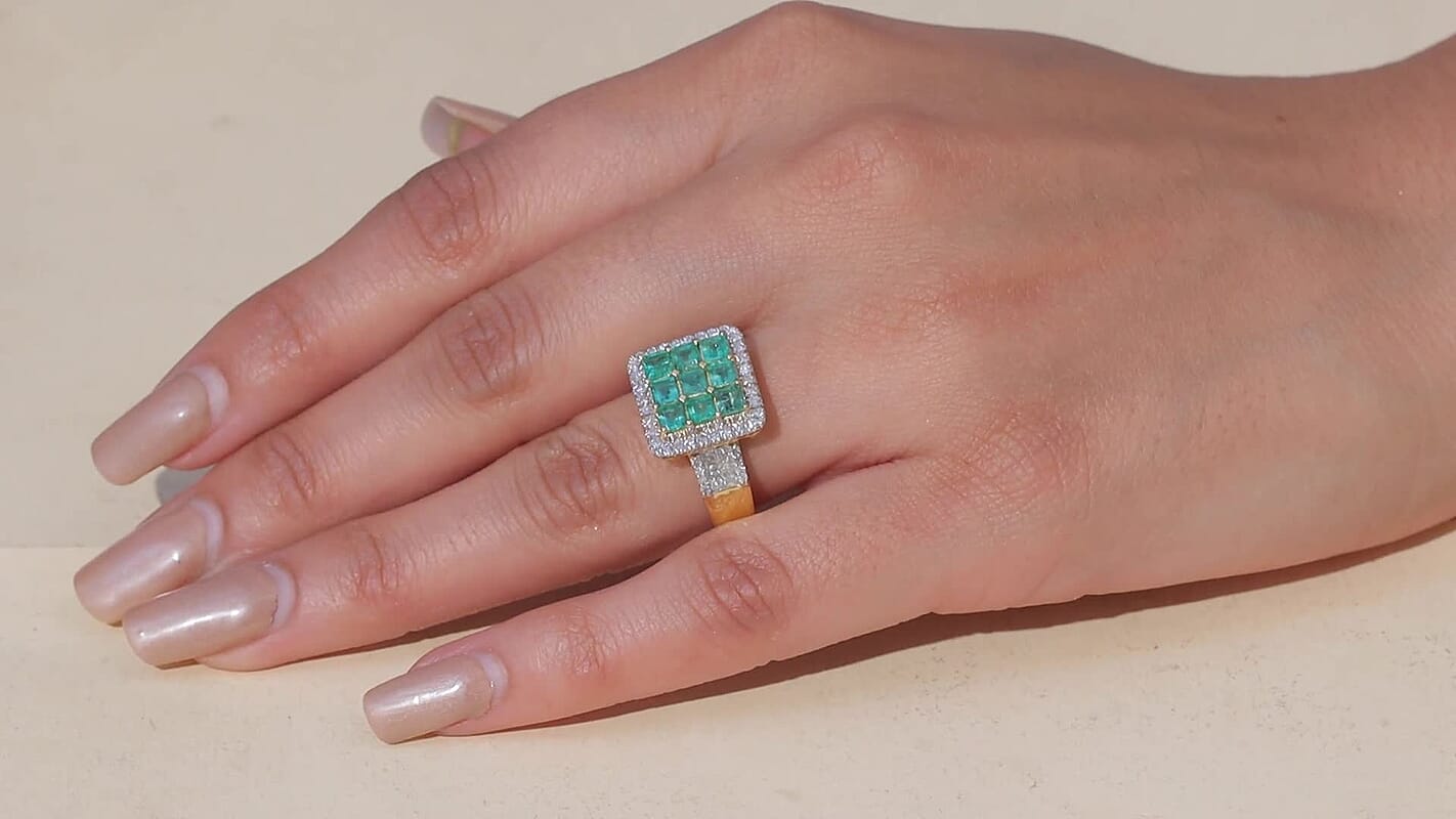Premium Kagem Zambian Emerald and Luxuriant Lab Grown Diamond G-H SI 1.85 ctw Ring in 18K Vermeil Yellow Gold Over Sterling Silver