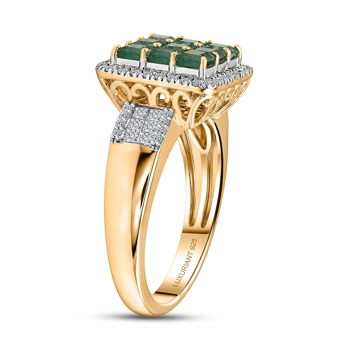 Premium Kagem Zambian Emerald and Luxuriant Lab Grown Diamond G-H SI 1.85 ctw Grid Mosaic Ring in 18K Vermeil Yellow Gold Over Sterling Silver (Size 5.0) image number 3
