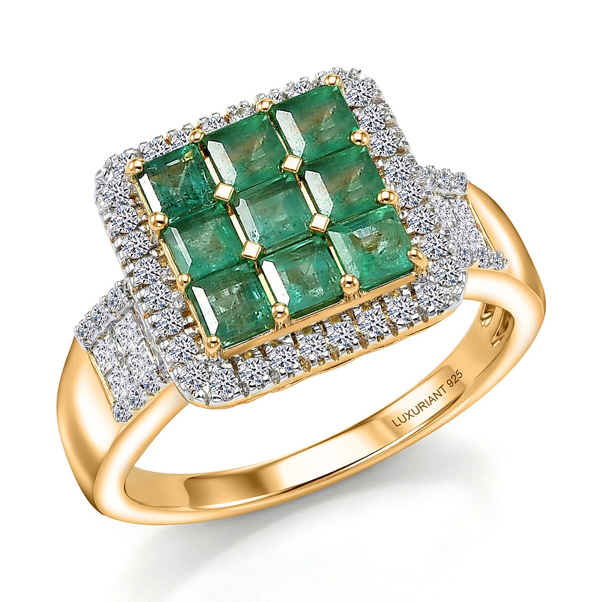 Premium Kagem Zambian Emerald and Luxuriant Lab Grown Diamond G-H SI 1.85 ctw Ring in 18K Vermeil Yellow Gold Over Sterling Silver