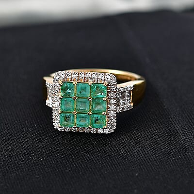 Premium Kagem Zambian Emerald and Luxuriant Lab Grown Diamond G-H SI 1.85 ctw Grid Mosaic Ring in 18K Vermeil Yellow Gold Over Sterling Silver (Size 8.0)