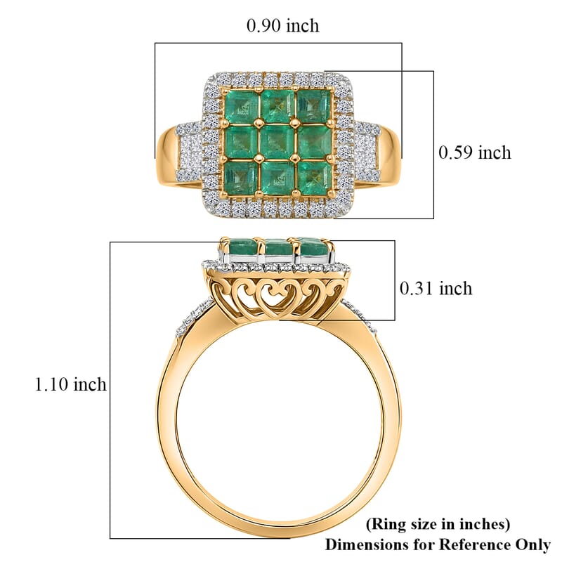 Premium Kagem Zambian Emerald and Luxuriant Lab Grown Diamond G-H SI 1.85 ctw Grid Mosaic Ring in 18K Vermeil Yellow Gold Over Sterling Silver (Size 8.0)