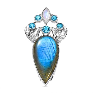Sajen Silver Malagasy Labradorite, Multi Gemstone Pendant without Chain in Rhodium Over Sterling Silver 28.10 ctw