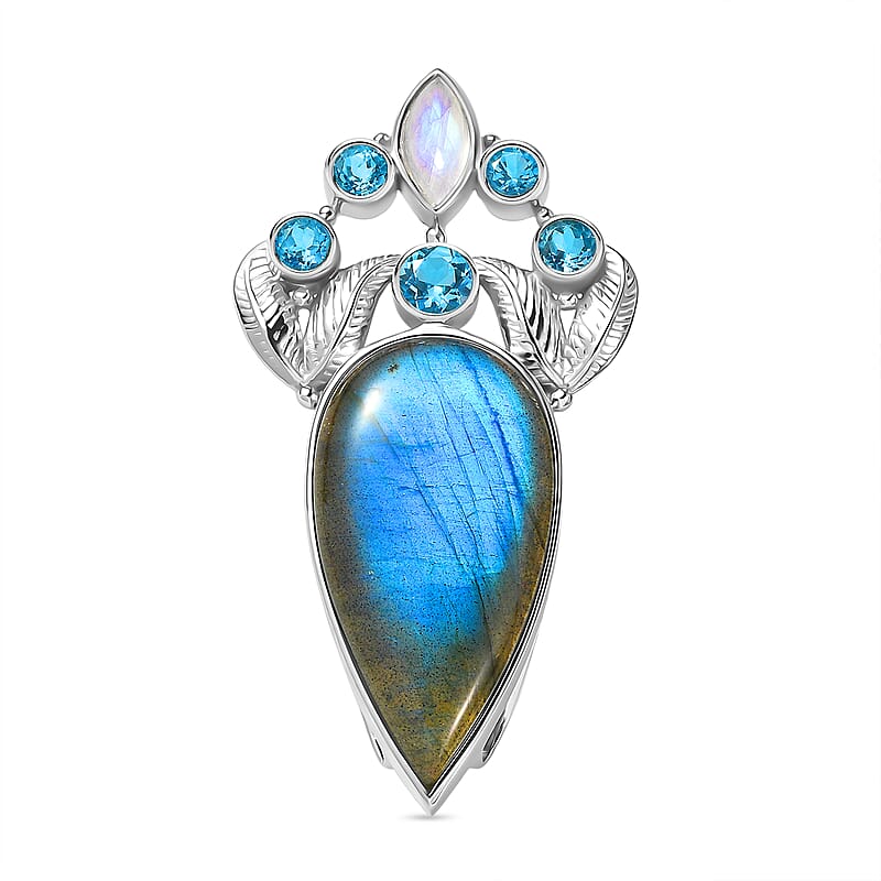 Sajen Silver Malagasy Labradorite, Multi Gemstone Pendant without Chain in Rhodium Over Sterling Silver 28.10 ctw