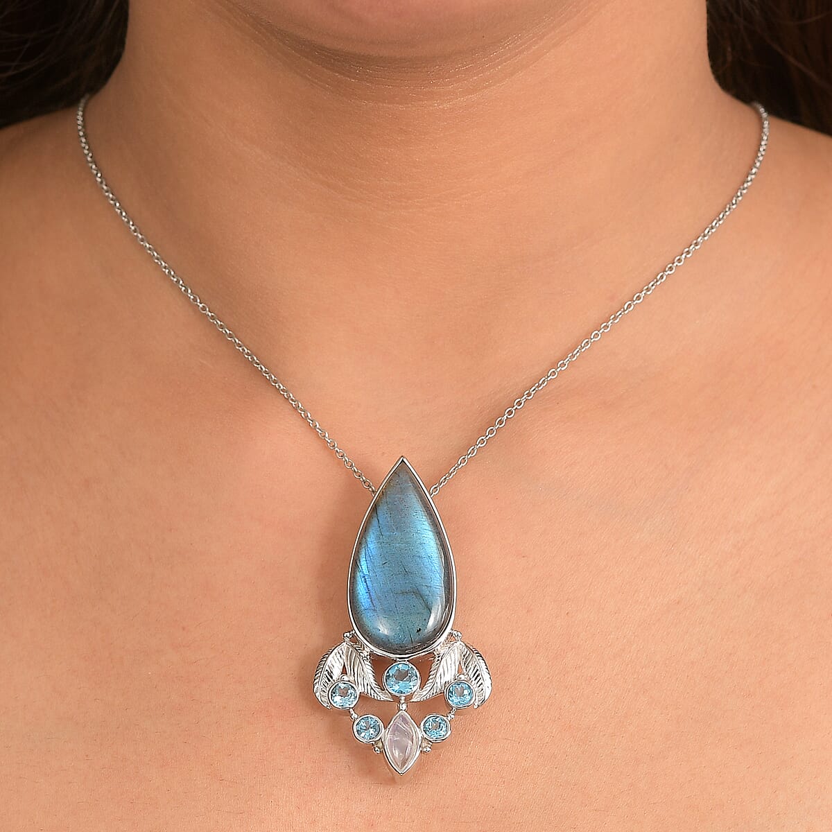 Sajen Silver Malagasy Labradorite, Multi Gemstone Pendant without Chain in Rhodium Over Sterling Silver 28.10 ctw image number 4