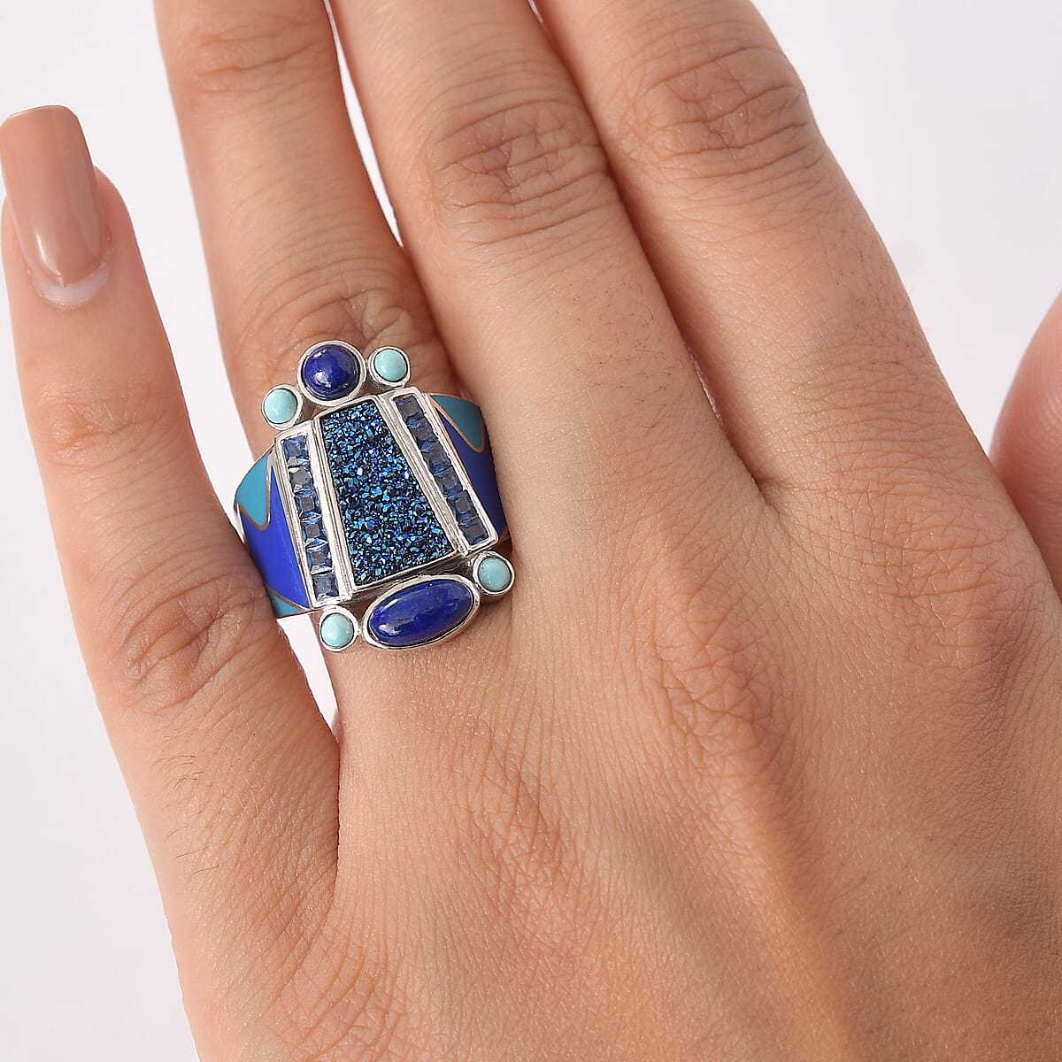 Sajen Silver Flat Blue Sapphire Drusy Quartz, Multi Gemstone Ring in Rhodium Over Sterling Silver 5.00 ctw (Size 10.0) image number 2