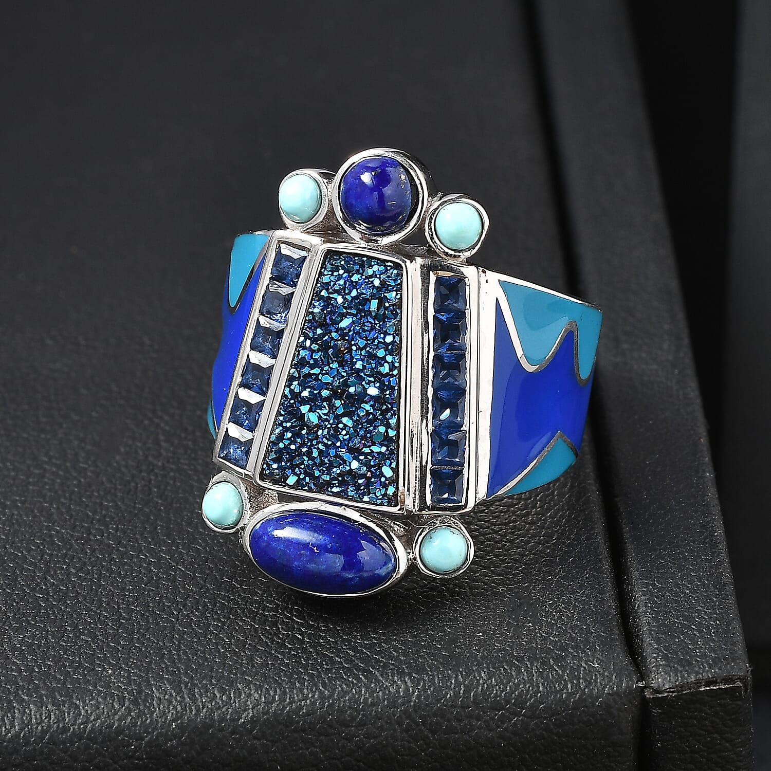 Sajen Silver Flat Blue Sapphire Drusy Quartz, Multi Gemstone Ring in Rhodium Over Sterling Silver (Size 10.0) 5.00 ctw