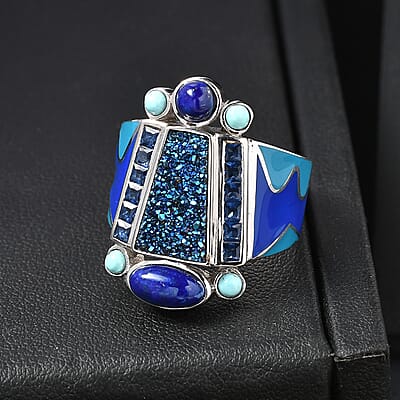 Sajen Silver Flat Blue Sapphire Drusy Quartz, Multi Gemstone Ring in Rhodium Over Sterling Silver 5.00 ctw (Size 7.0)