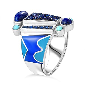 Sajen Silver Flat Blue Sapphire Drusy Quartz, Multi Gemstone Ring in Rhodium Over Sterling Silver 5.00 ctw (Size 7.0)