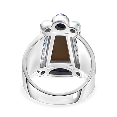 Sajen Silver Flat Blue Sapphire Drusy Quartz, Multi Gemstone Ring in Rhodium Over Sterling Silver 5.00 ctw (Size 7.0)